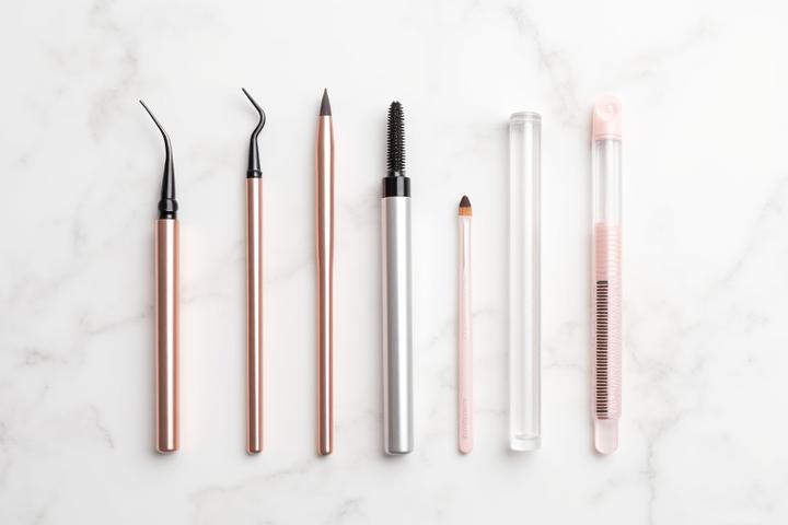 Eine sorgfältig arrangierte Auswahl an professionellen Augenbrauen- und Wimpern-Tools und Make-up-Produkten auf einem sauberen, eleganten Hintergrund.