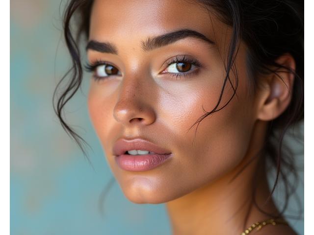 Nahaufnahme einer strahlenden, gesunden Haut mit minimalem Make-up, betont die natürliche Textur und ein subtiles glänzendes Finish.